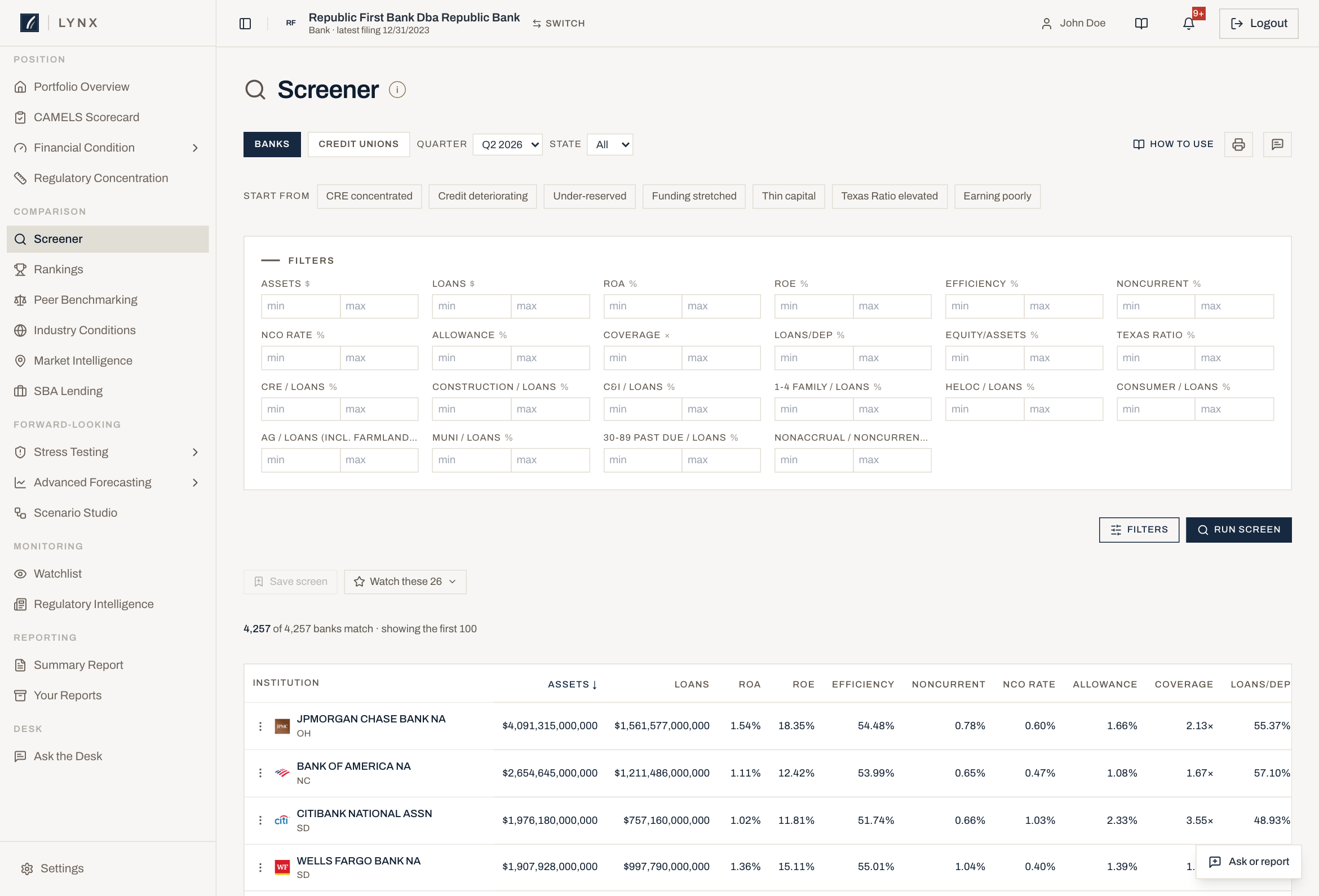 The Screener showing filters across the full institution universe and a results table.
