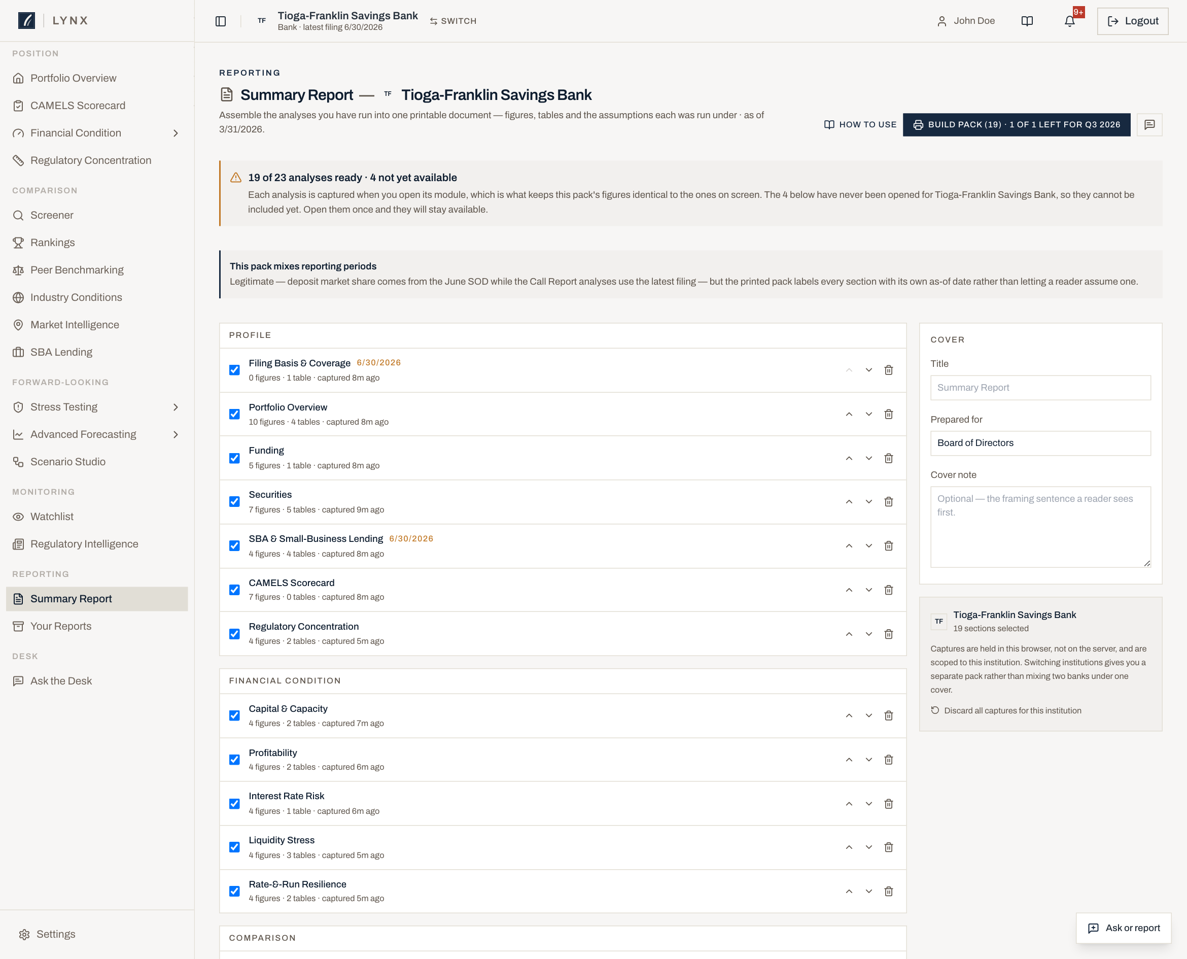 The Summary Report builder listing captured sections ready to assemble into a Summary Report.